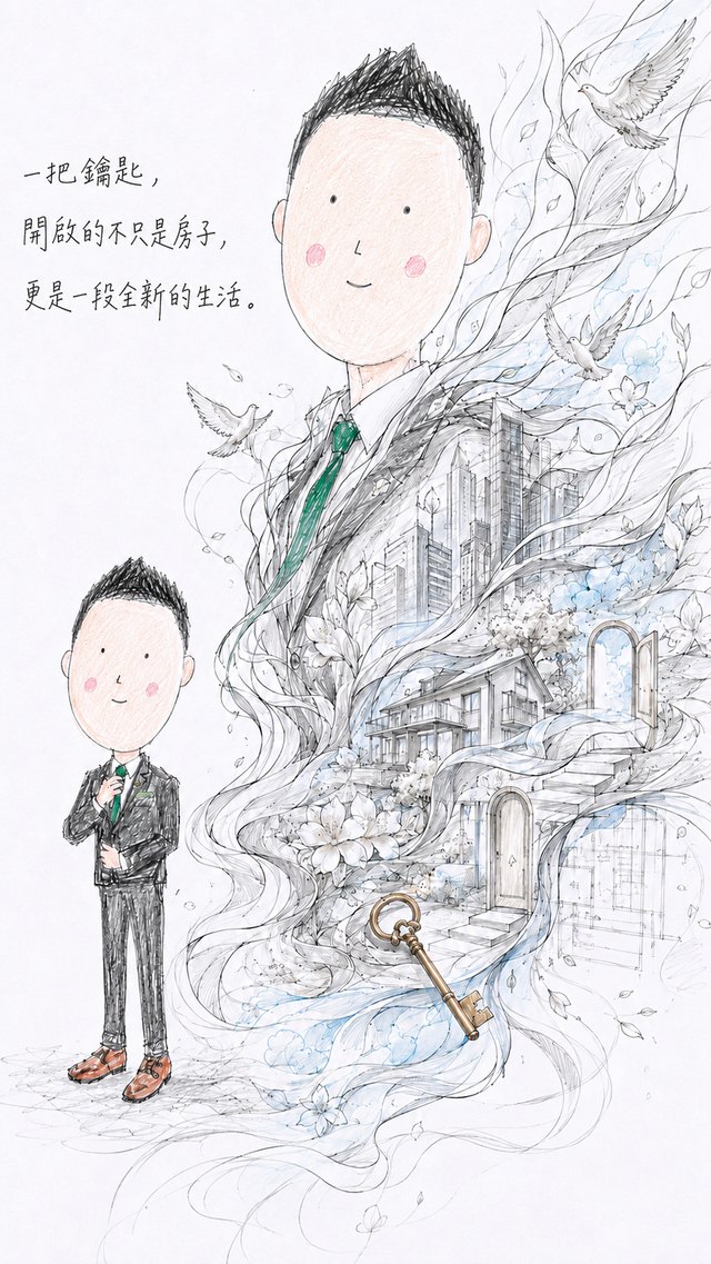 黃傑克的手繪插畫：穿西裝的傑克，旁邊是城市、房子和一把鑰匙